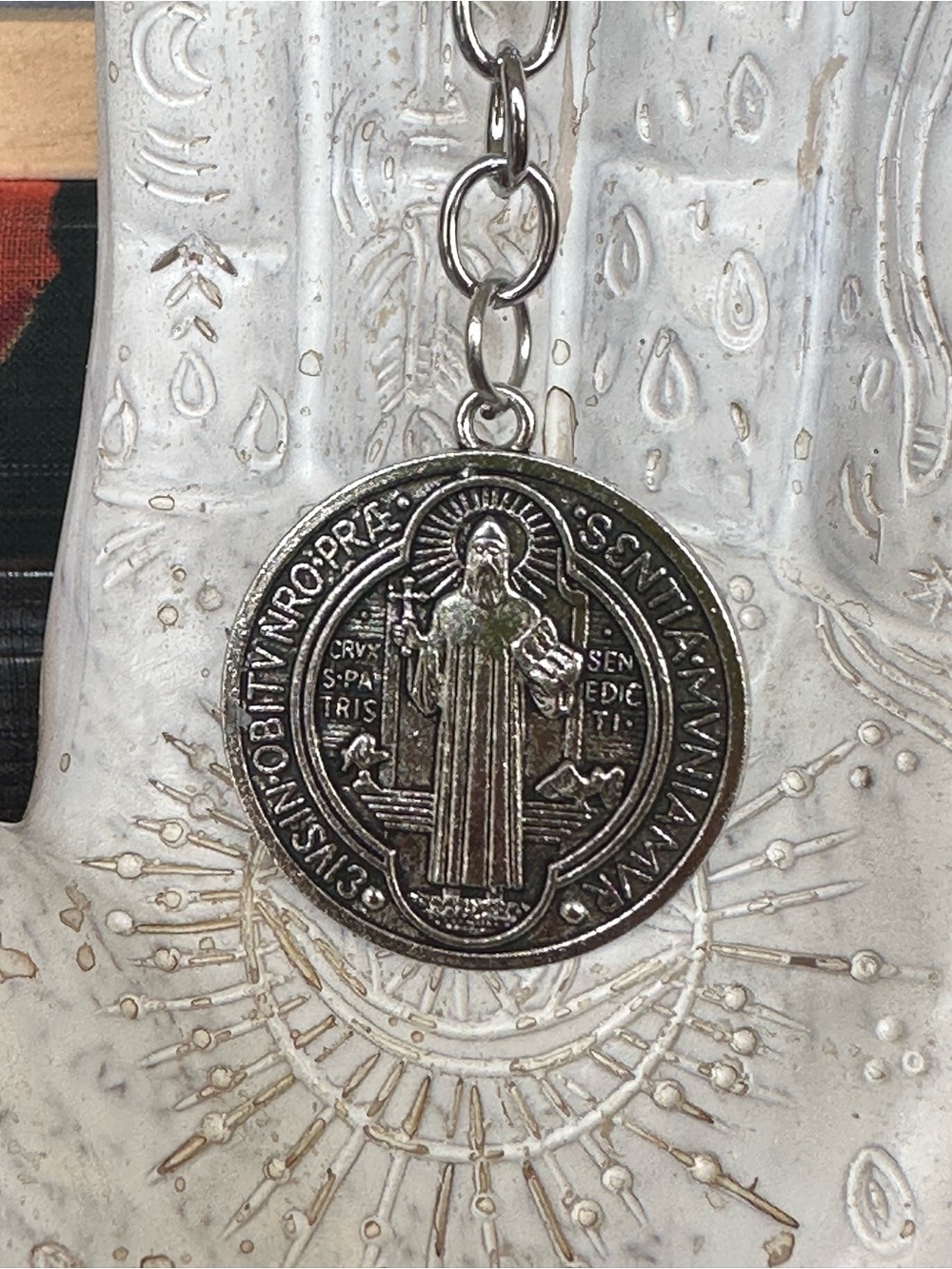 Saint Benedict Medal Keychain – Silver Tone Religious Key Ring